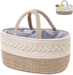 Thijox - Luierorganizer Beige Crème - Geweven Katoenen Touw Opbergmand met Draagbare Handgreep en 3 Afneembare Scheidingswanden voor Luiers en Babyacc — thumbnail 1