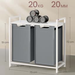 Wasmand met 2 vakken Wasgoed sorteerbak 73 x 33 x 72 cm Wit+grijs 2x46L grote capaciteit met verstelbare voetjes uittrekbare en afneembare waszakken en opbergrek Stevig metalen frame Geschikt voor wasruimte badkamer en slaapkamer — thumbnail 2