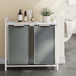 Wasmand met 2 vakken Wasgoed sorteerbak 73 x 33 x 72 cm Wit+grijs 2x46L grote capaciteit met verstelbare voetjes uittrekbare en afneembare waszakken en opbergrek Stevig metalen frame Geschikt voor wasruimte badkamer en slaapkamer — thumbnail 3