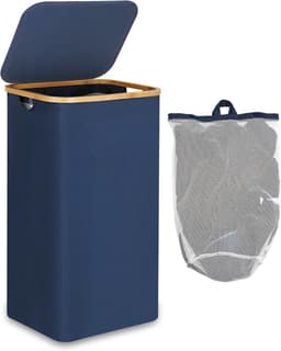 efluky Wasmand met deksel 100 liter, grote wasmand, bamboe 100 l hoge wasmand vuilwasemmer emmer vuile kleding tas, blauw — thumbnail 1