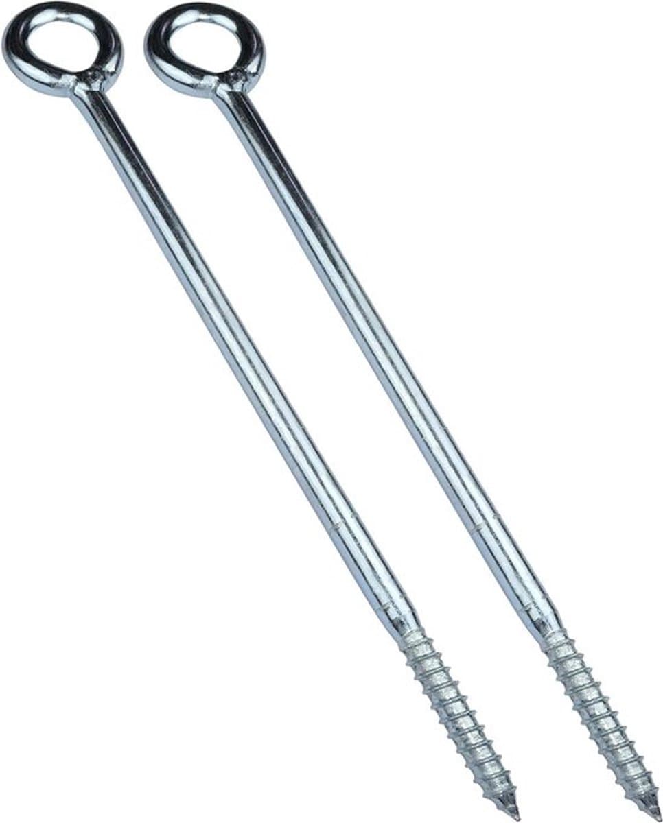 Set van 2 schroefhaken oogring voor buissteigers - voor houten net - wandbevestiging - van staal - zilverkleurig - Ø12x300mm. — afbeelding 1