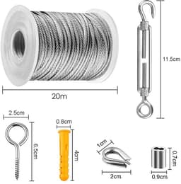 Namajunas - 56 stuks staalkabelset - Buitenverlichting geleidedraad - 30M/100FT 304 roestvrijstalen draadkabel - Staalkabel met oogjeshaken - voor Buiten Tuin Keuken - M5 spanschroef staalkabel - Spandraad systeem Voor Klimplanten - Waslijn — thumbnail 4