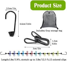 Dailygoods- Waslijn Draagbaar 180-300 cm - Waslijn met 12 Klemmen - Antislip Design - Reiswaslijn - Duurzaam Materiaal - Geschikt voor Buiten en Binnen — thumbnail 2