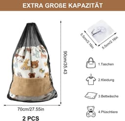 Dailygoods- Wasnet XXL - 2 stuks - 70 x 90 cm - Fijnmazig - Waszak voor Kleding - Waszak voor Beddengoed - Met Trekkoord en Haken — thumbnail 3