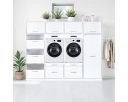 Interlink Lifestyle Studio Flow wasruimtecombinatie Bundel 3 wit - Complete wasruimte met 2 wasmachinekasten, 2 opbergkasten en 4 bovenkasten - Uittrekbare werkbladen - Softclose - Aluminium grepen - 268 x 68 x 208 cm