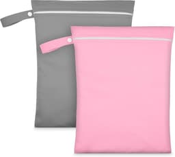 2 Stuks Wet Bags, Waterdicht Waszak met Handvat & Rits,Herbruikbare Stoffen Luier Natte Zak,Natte Dry Bag voor Natte Zwemkleding, Sportschool, Strand(Grijs & Roze) — thumbnail 1
