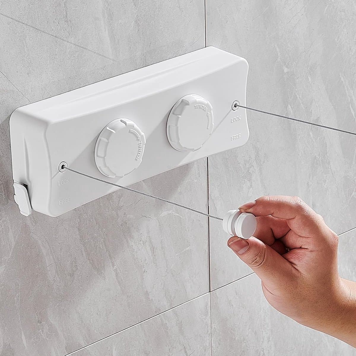 waslijn voor binnen, twee lijnen, niet doorhangende wasrek, wandmontage, waslijn voor balkon, waskeuken, hotel, badkamer, slaapkamer, roestvrijstalen touw (wit) — afbeelding 1