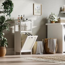 wasmandkast met verwijderbare mand en twee open planken, ruimtebesparende badkamerkast van bamboe, geschikt voor kleding, handdoeken en speelgoed, wit — thumbnail 5