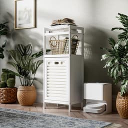 wasmandkast met verwijderbare mand en twee open planken, ruimtebesparende badkamerkast van bamboe, geschikt voor kleding, handdoeken en speelgoed, wit — thumbnail 4