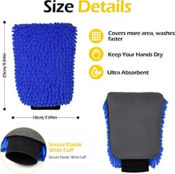 Set van 2 autowashandschoenen, chenille, dubbelzijdig, absorberend en waterdicht, 19 x 26 cm, krasbestendig, voor reiniging van auto/motorfiets, geel + blauw — thumbnail 5