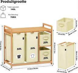 VALI® Wasmand - 140L - Wasmand 4 Vakken - Wasmanden - Beige - 78cm x 42cm x 77cm — thumbnail 3