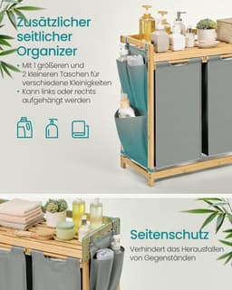 Wasmand 3 vakken, bamboe, wasverzamelaar 150 l, wassorteerder, met plank, waszak, kleine zijzakken, wasrek, 3 x 50 l, 94 x 33 x 78 cm, duifgrijs RLH115G01 — thumbnail 5