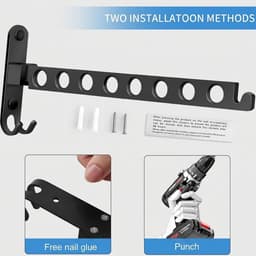 wandhaak met kledingventilator, aluminium kledingstang voor wandmontage, voor buiten, balkon, badkamer en wasruimte, zwart (8 gaten, 1 stuk) — thumbnail 5