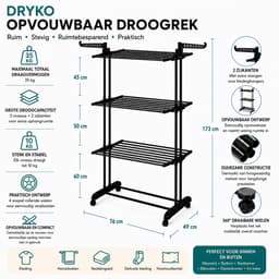Home & Marker - Droogrek Inklapbaar - Wasrek Opvouwbaar - Droogtoren 3-Laags - Staand Wasrek met Wielen - 35 kg Draagvermogen - Ruimtebesparend - Zwart - DRYKO — thumbnail 2