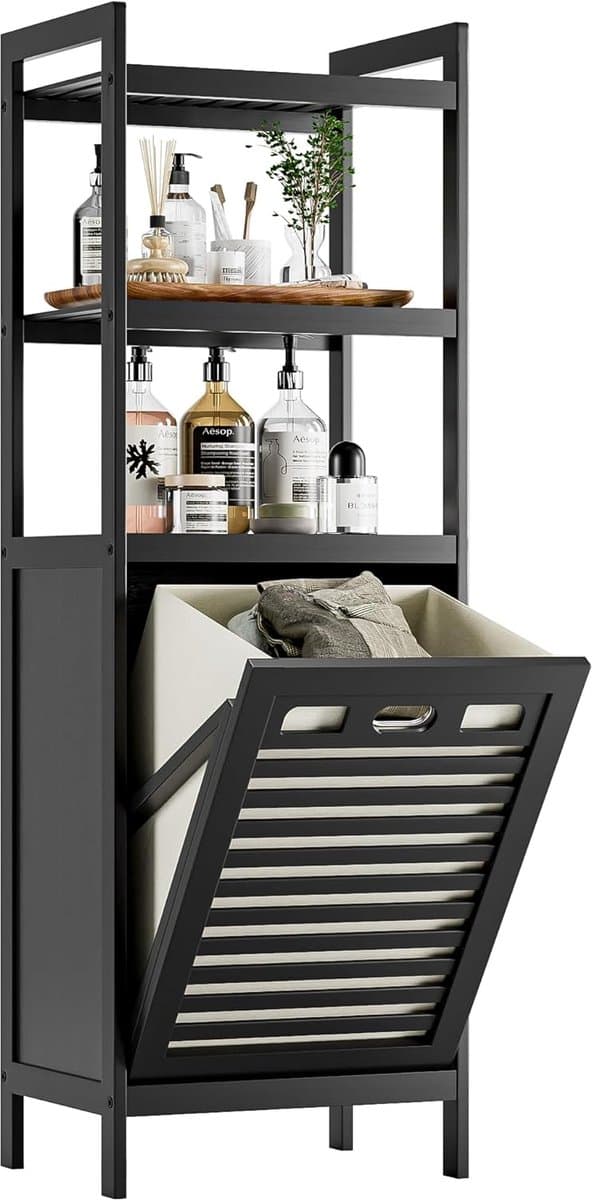 CINK & Co Badkamerkast met Wasmand 40 L - 3 Planken - Uitneembare Waszak - Zwart - 40 x 30 x 119 cm — afbeelding 1