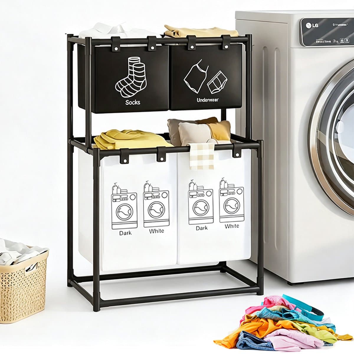 Wasmand 4 Vakken - Wassorteerder - Dubbellaags Wasmanden - met 4 Afneembare Oxford Zakken - Sorteert Donker/Licht/Ondergoed - Stevig Metalen Frame - 57x44x97 cm - Opvouwbaar - Voor Badkamer & Wasruimte - Zwart & Wit — afbeelding 1