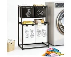 Wasmand 4 Vakken - Wassorteerder - Dubbellaags Wasmanden - met 4 Afneembare Oxford Zakken - Sorteert Donker/Licht/Ondergoed - Stevig Metalen Frame - 57x44x97 cm - Opvouwbaar - Voor Badkamer & Wasruimte - Zwart & Wit