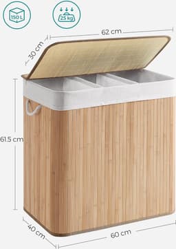Bamboe Wasbox 150 L - Opvouwbaar met Deksel en Handvaten - Was Sorteermachine met 3 Compartimenten - Machine Wasbare Katoenen Waszak - Natuurlijke Kleur - Geschikt voor de Wasruimte (LCB091N01) — thumbnail 2
