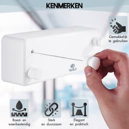 W&Z Waslijn Uittrekbaar - Wasdraad - Wanddroogrek zonder boren - Rol drooglijn - Waslijndraad met stalen kern - 8,4 m drooglengte- Wit — thumbnail 3