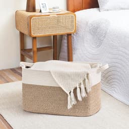 Opbergmand voor babyspeelgoed, vierkante laundry baskets, wasmand voor kinderkamer, groot, gevlochten mand voor dekens, hoofdkussens, gastendoekmand, 65 l, wit en bruin — thumbnail 4