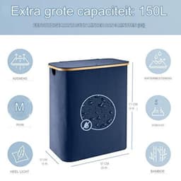 Wasmand 2 vakken wassorteerder - Wasmand 2 vakken met deksel - Wasmand met deksel - Wasverdeler - XXL waszak - 150 l - 57 x 37 x 71 cm - Blauw — thumbnail 3