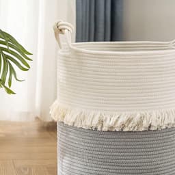 Wasmand van katoenen touw, opbergmand, boho decoratieve mand geweven, wasverzamelaar met handvatten, speelgoedopberger voor kinderkamer 40x43cm beige — thumbnail 3