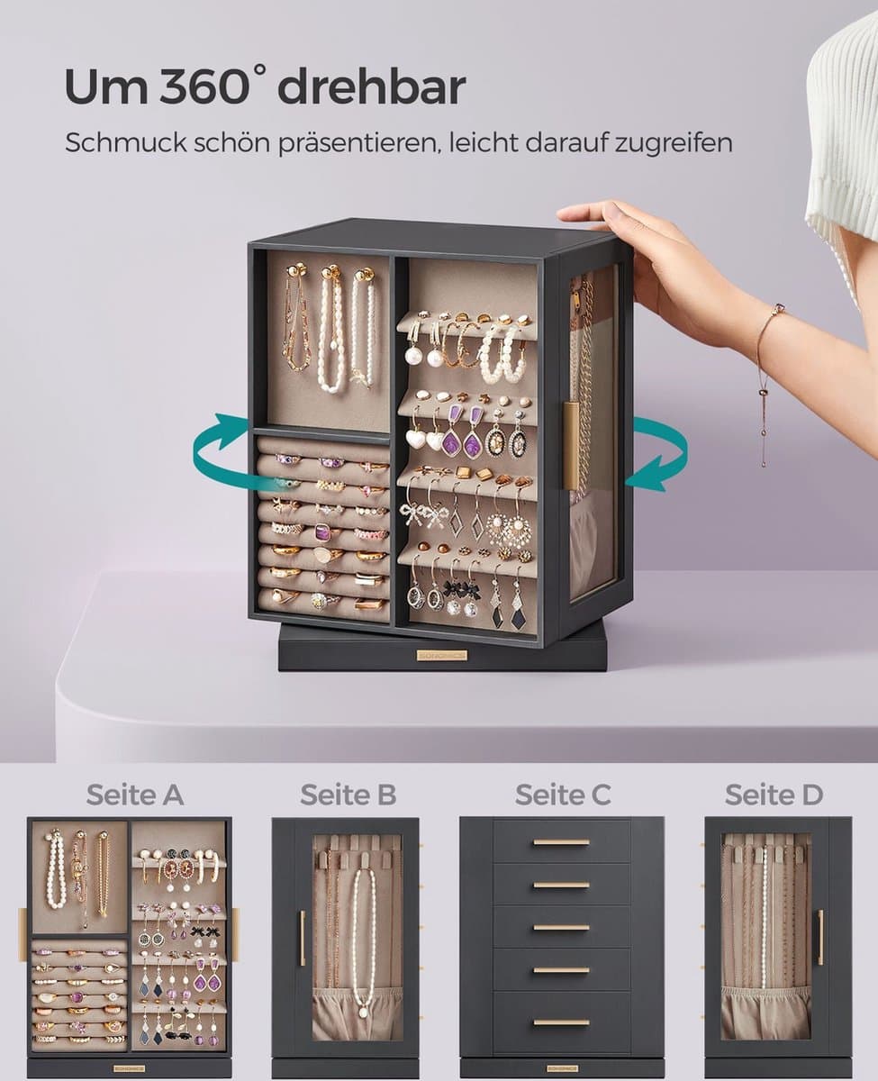 Sieradendoos – Draaibaar 360° – Ruim – Cadeau-idee – Leigrijs — afbeelding 1