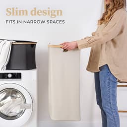 HENNEZ Wasmand met deksel van 100L opvouwbaar met bamboe frame - inclusief waszak - beige — thumbnail 2