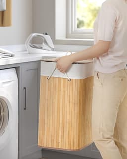 Bamboe wasmand, opvouwbare wasbak met deksel en uitneembare katoenen waszak, 72 L wasbox, waskist, 40 x 30 x 60 cm, beige LCB10Y — thumbnail 3