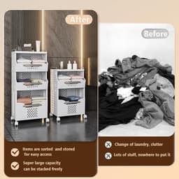 Inklapbare stapelbare wasmand met wielen - rollende waswagen karren - plastic wasmand met handgrepen - vuile kledingmand houder - opvouwbare wasbak - 3 lagen — thumbnail 4