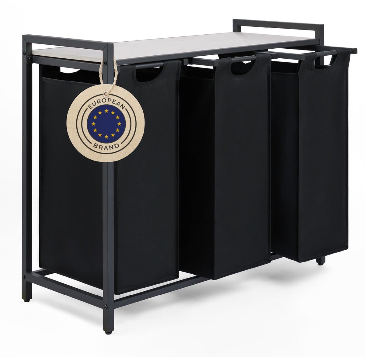 Blumtal Wasmand met 3 vakken - Wasmand met betonlook plank - Metalen frame - Wasmand met poten - Zwart — afbeelding 1