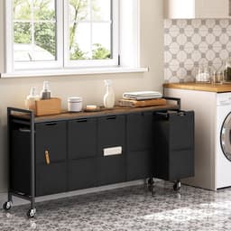TRANKIELO® - Wasmand op Wielen – Stijlvol Vintage Bruin en Zwart – Ruim 5-vakken Design – Duurzaam en Praktisch – Ideaal voor Wasruimte en Badkamer — thumbnail 2