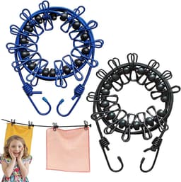 2-pack draagbare waslijn, elastische reiswaslijn verstelbare intrekbare winddichte touw kledinglijn met 12 draadclips voor camping reiskleding wasdrogen buiten (zwart+blauw) — thumbnail 1