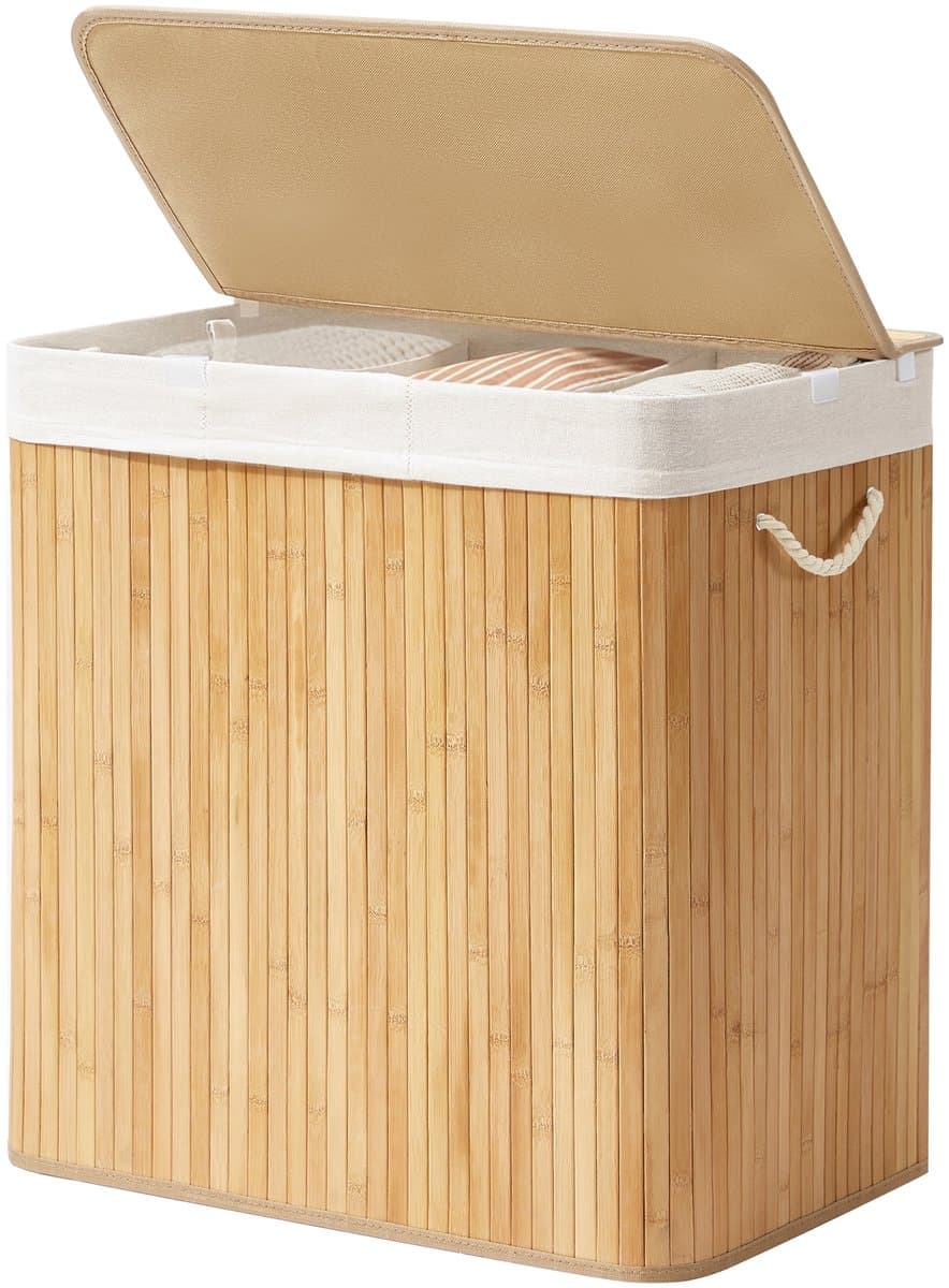 SONGMICS - Wasmand - Wassorteerder - 3 Vakken - 150L Opvouwbare Bamboe Wasbox - Uitneembare Waszak — afbeelding 1