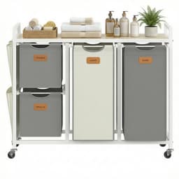 VASAGLE - Wasmand - Wassorteerder - 4 Vakken en Planken - 150L Mobiele - Uitneembare Tassen — thumbnail 1