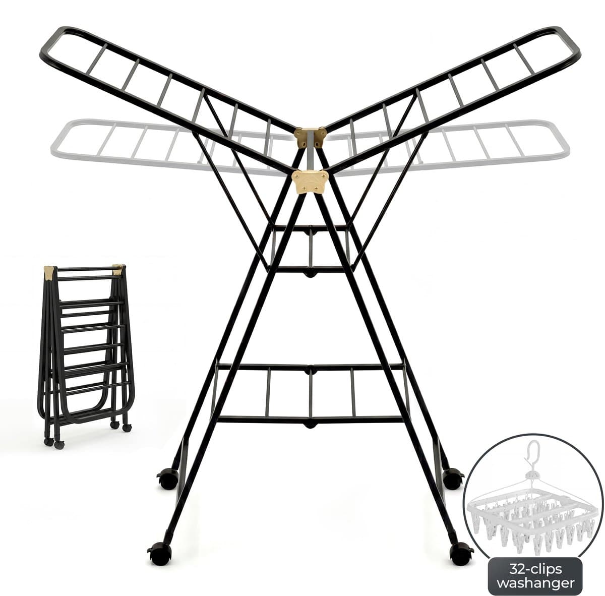 Eluxara Wasrek Deluxe – Inc. Kleine Droogmolen – Droogrek Met Wielen- 25 Meter Drooglengte - Groot Inklapbaar - 3-Laags – Kleding Wasdroogrek – Stevig RVS Frame – Modern Design – 160×47×95 cm - Zwart — afbeelding 1
