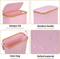 Wasmand van 60 l met deksel, smalle wasmand met afneembare en wasbare binnenzak, opvouwbare wasmand voor slaapkamer, wasruimte en badkamer (roze) — thumbnail 5