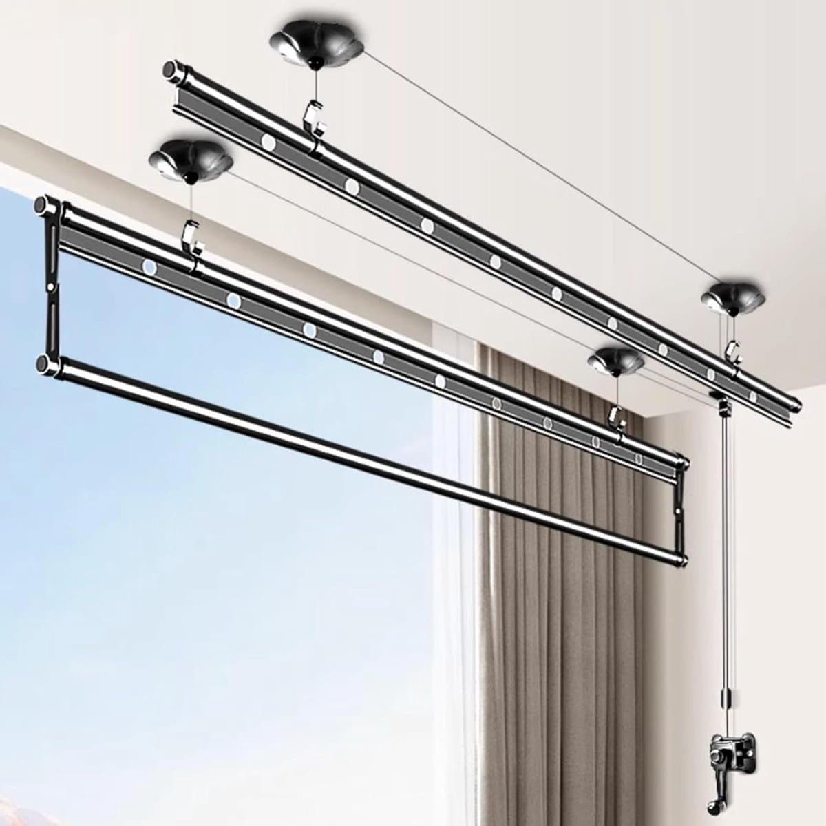 Plafond Katrol Droogrek - Waslijn Systeem - Ruimte Besparen - Verstelbare Hoogte - 3 Stangen - Aluminium — afbeelding 1