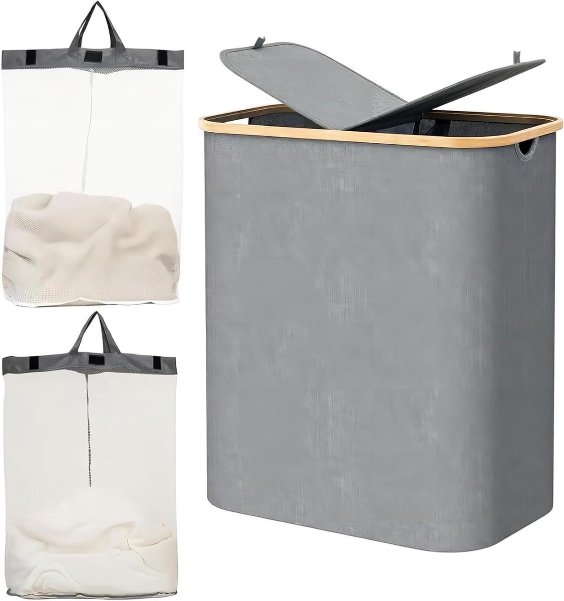 Wasmand met Deksel, 2 Compartimenten en Verwijderbare Waszakken, Vouwbare en Waterdichte Wasbox voor Badkamer, Slaapkamer en Wasruimte, Ruime Inhoud en Duurzaam Ontwerp — afbeelding 1