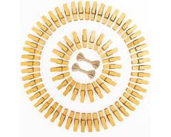 Gouden Houten Wasknijpers 3,5 cm - 100 Stuks Foto Clips met 20 m Jute Touw voor Ambachten, Bruiloften en Feestdagen