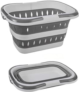 Opvouwbare plastic wasmand – Drievoudig opvouwbaar – Inklapbaar – Pop-up opbergmand – Met ventilatiegaten – Ruimtebesparend – Geschikt voor slaapkamer, woonkamer en algemeen gebruik – 28.3*20*15 cm – Grijs — thumbnail 1