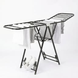Cheqo® Wasrek - Droogrek - Inklapbaar - Staand - Zwart - Metaal - Opvouwbaar - Ruimtebesparend - met Vleugels en Schoenenhouder - Kledingrek - Wasdroger - Kledingdroger - voor Binnen en Buiten - Balkon - Studentenkamer - Slaapkamer — thumbnail 1