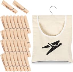 Katoenen Wasknijper Tas met Haakjes en 30 Houten Klemmen voor Thuis, Balkon en Reizen - 32 x 28 cm, Ideaal voor Organisatie en Opberging — thumbnail 1
