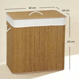 Scaleunion Luxe Bamboe Wasmand - met 3 vakken – wassorteerder met deksel - 144L met Deksel : Bruin — thumbnail 3