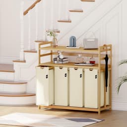 Aura® Wasmand 4 Vakken - Wassorteerder - Waszak - Bamboe Frame - Beige - 104cm x 42cm x 100cm — thumbnail 5