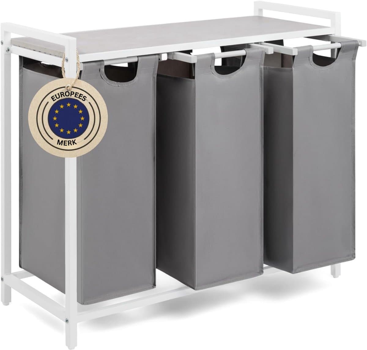 REN® Wasmand 3 Vakken - Wasmand - Wassorteerder - Wasmand Met Deksel - Grijs/Wit - 36cm x 86cm x 73cm — afbeelding 1