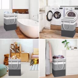 Wasmanden - Wasmand opvouwbaar - wassorteerder - wasmand 2 vakken - Katoen-linnen met waterdichte coating en metalen frame - voor veelzijdige opslagdoeleinden - met 4 opvouwbare kledinghangers - Verlengde handvatten — thumbnail 4