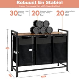 Drievoudige Wasmand 114L – 3 Wasmanden Naast Elkaar Met Metalen Frame en Opbergplank 93×33×72 cm – Wasgoed Organizer — thumbnail 2