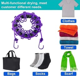 1 Pack Draagbare Waslijn met 12 Wasknijpers, Reizen Waslijn Rekbare Intrekbare Elastische Waskleding Lijn voor Achtertuin, Vakantie Hotel, Balkon Kleding Drooglijn (Paars) — thumbnail 2