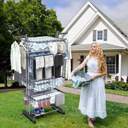 Verstelbaar en Opvouwbaar Wasrek met 5 Niveaus, 8 Vouwvleugels en 4 Sokclips - RVS Staand Droogrek voor Binnen en Buiten Gebruik met Wielen — thumbnail 4